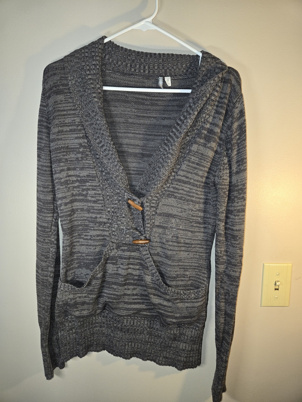 Gray Hooded Knit Sweater with Toggle Front